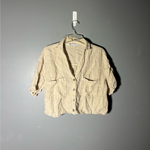 Zara 100% Linen Cropped Button Up Shirt Womens Size Medium - Picture 1 of 4